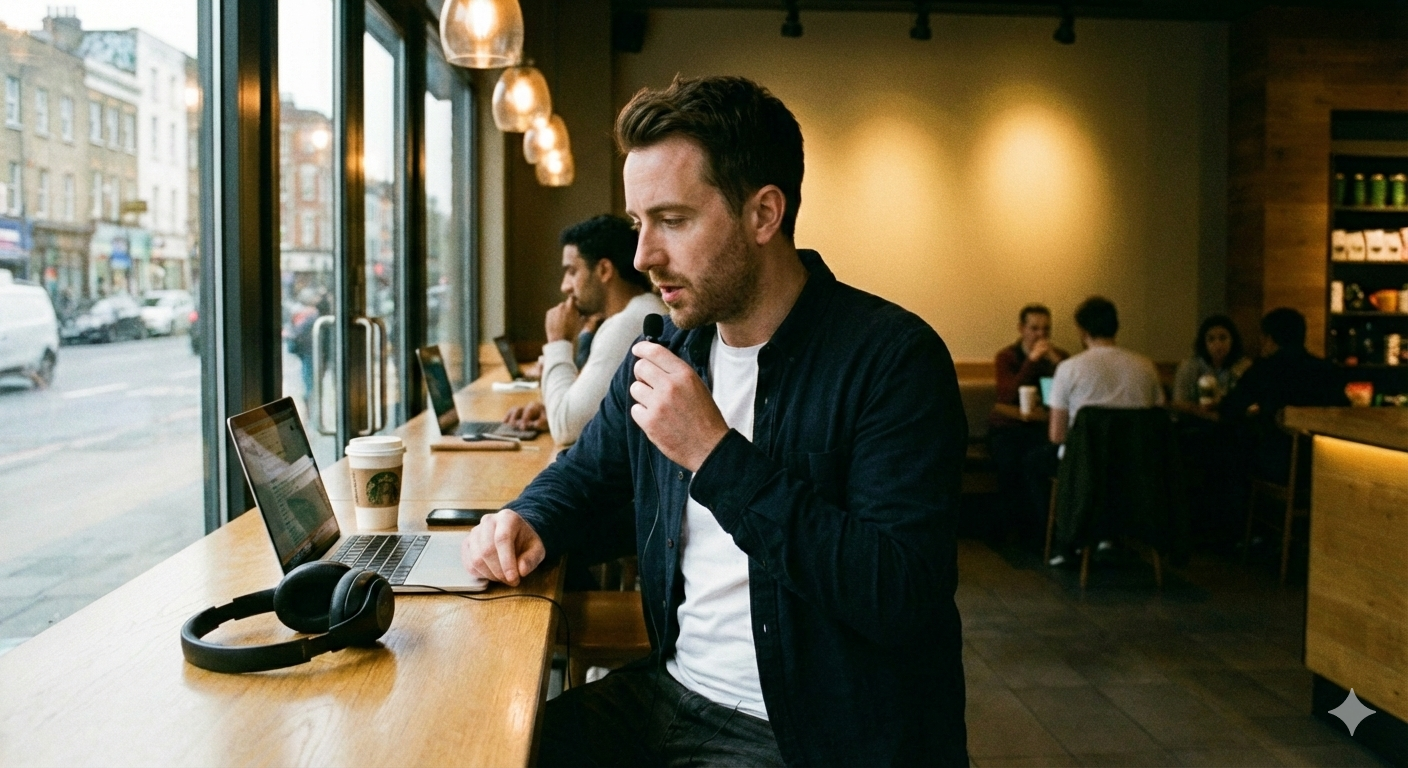 Illustration: whisper dictation in a café